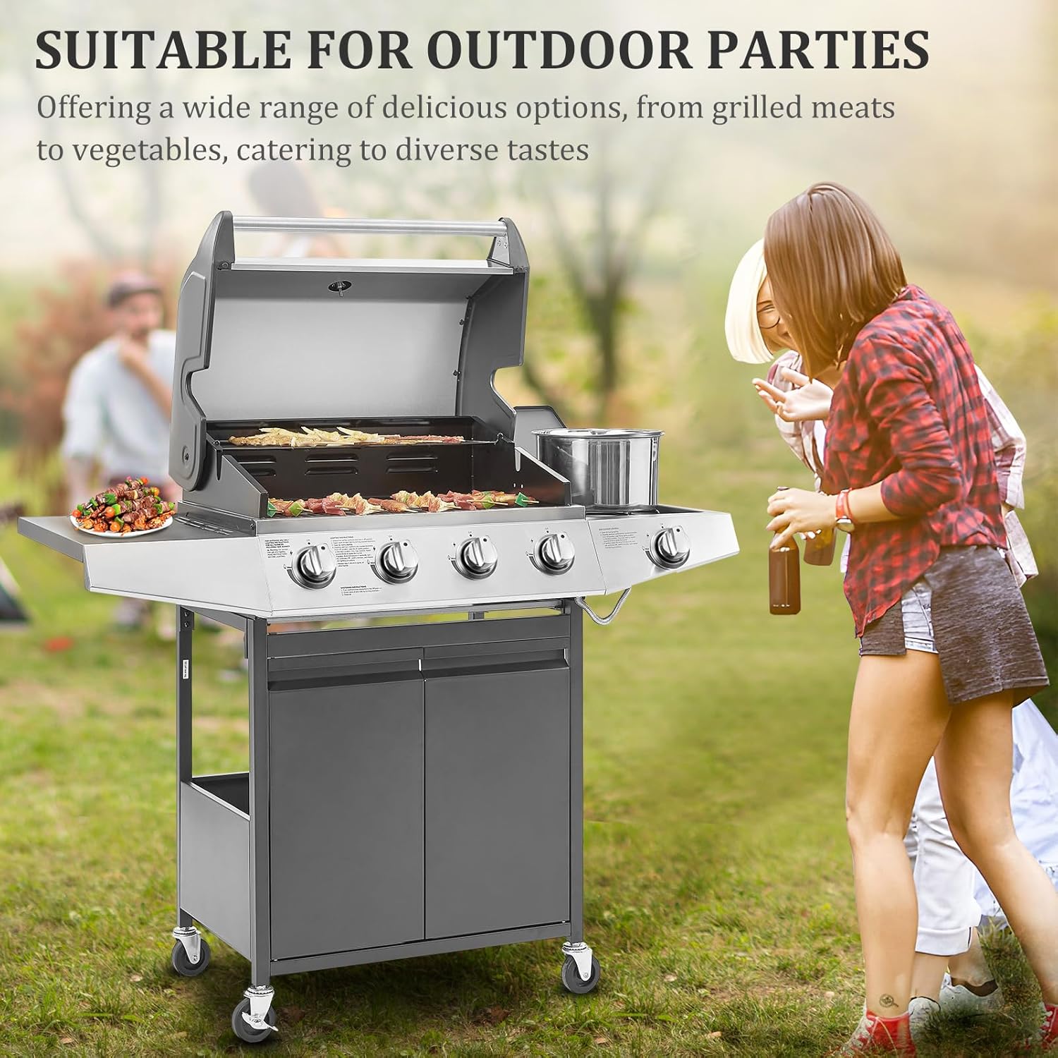 Unovivy 4-Burner Propane Gas Grill – 49,000 BTU BBQ with Side Burner, Porcelain Cast Iron Grates, and Lid Thermometer – Ideal for Patio and Outdoor Cooking