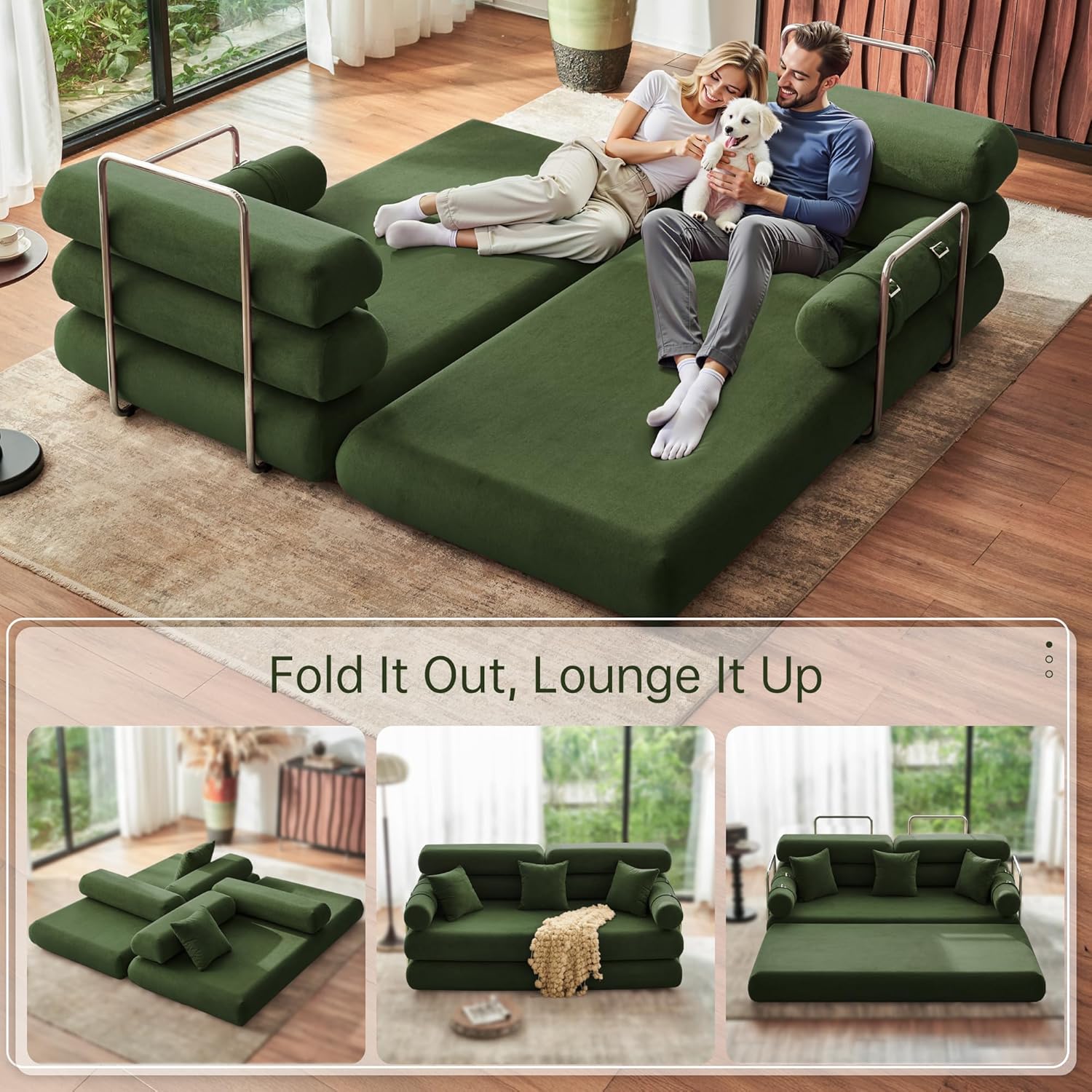 YINIX 35'' High-Back Floor Sofa Bed – Convertible Folding Sleeper Couch with Rounded Armrests – All-Memory Foam Lounge Chair for Living Room & Bedroom (Green)