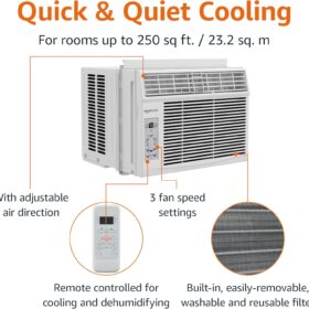 Amazon Basics 6,000 BTU Window Air Conditioner – Cools Rooms Up to 250 Sq. Ft., Digital Display, Remote Control, Easy-Install Kit