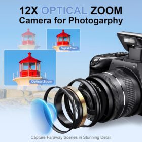 4K Vlogging Camera for YouTube with 72MP Photography, 12X Optical Zoom, 270° Flip Screen, Wi-Fi, 64GB SD Card & 2 Batteries - Autofocus Digital Camera Kit for Beginners (Black)