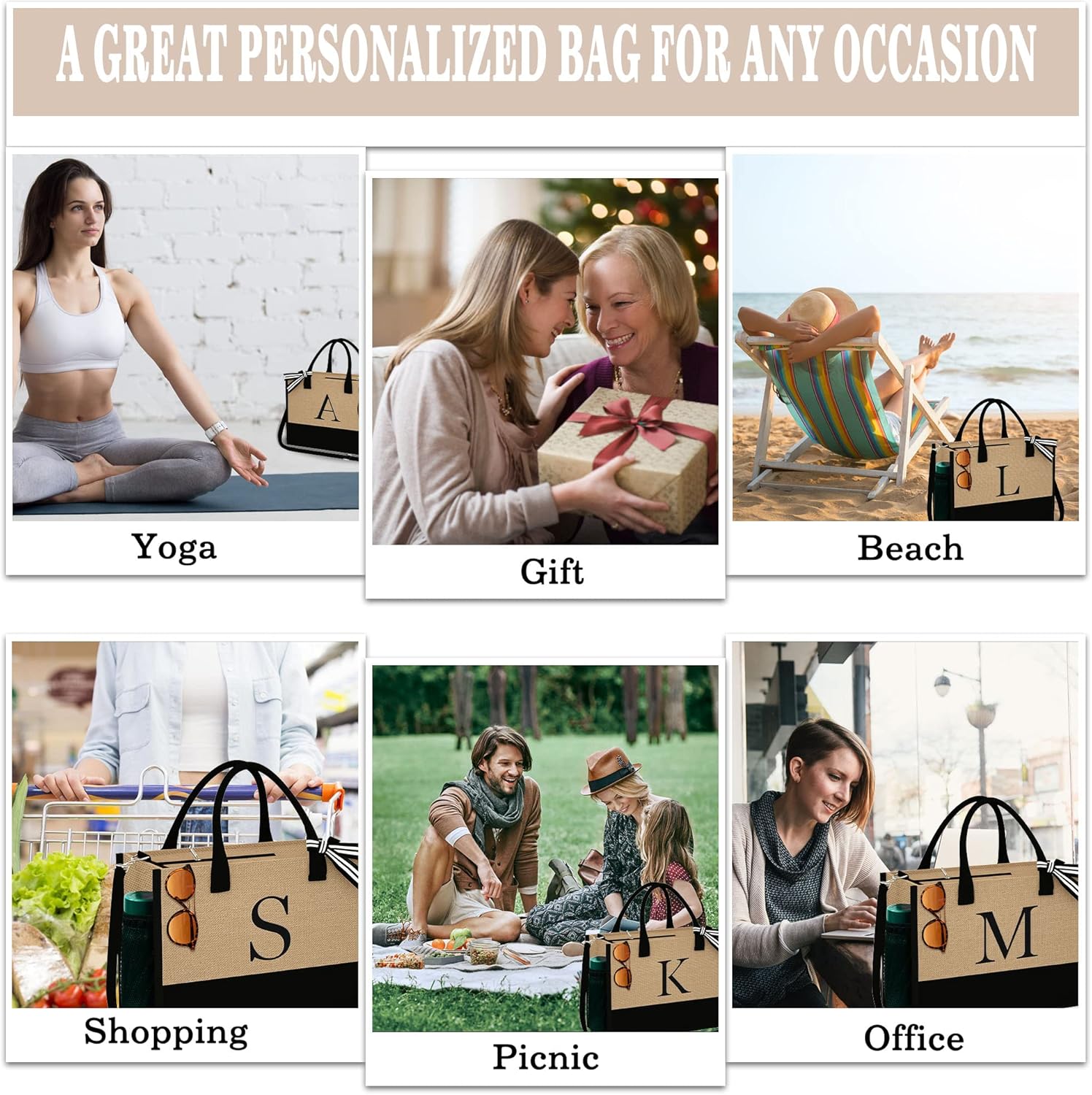 YOOLIFE Initial Jute Tote & Makeup Bag Set – Personalized Valentines Day, Birthday & Teacher Gifts for Her