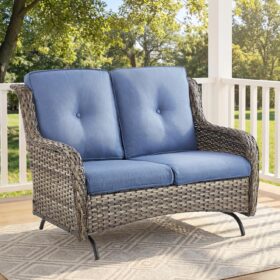 Bellefurni 50-Inch Outdoor Glider Loveseat - All-Weather Wicker Patio Sofa with Thick Olefin Cushions, Ergonomic Design & Curved Armrests - Grey Wicker with Blue Cushion
