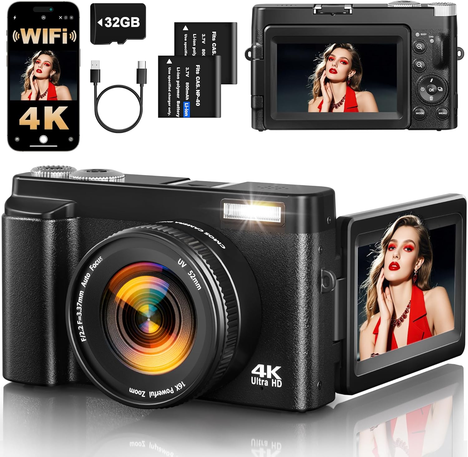 4K Vlogging Camera for Photography with 180° Flip Screen, 64MP Autofocus Point & Shoot Digital Camera, 16X Zoom WiFi for YouTube & Live Streaming (Includes 32GB SD Card & 2 Batteries)