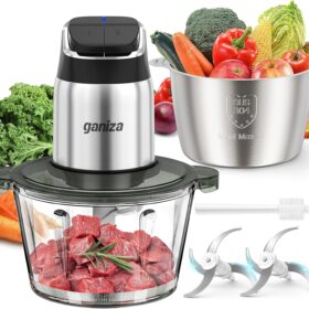 Ganiza 450W 2-Speed Food Processor with 8-Cup Glass & Stainless Steel Bowls | Smart Overheat Protection & Dual Blades for Meat Chopping & Veggie Dicing
