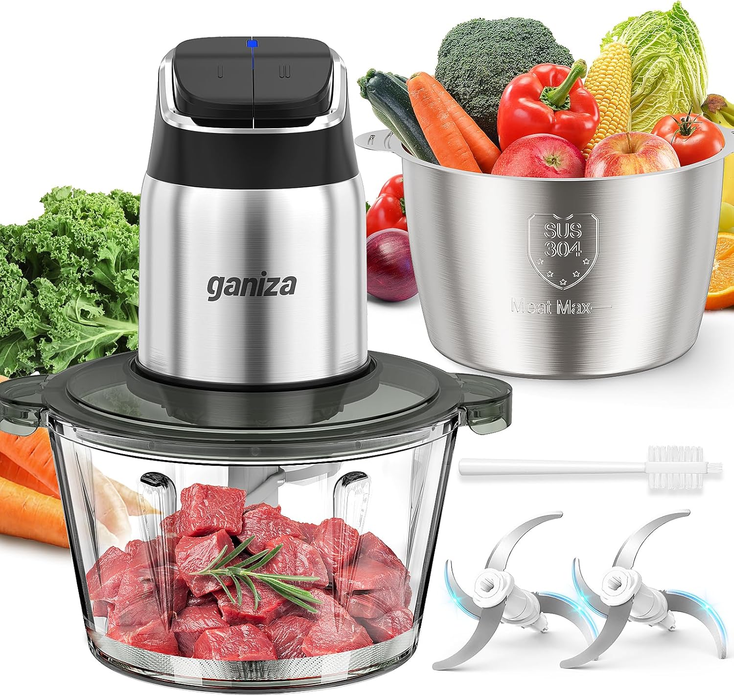 Ganiza 450W 2-Speed Food Processor with 8-Cup Glass & Stainless Steel Bowls | Smart Overheat Protection & Dual Blades for Meat Chopping & Veggie Dicing