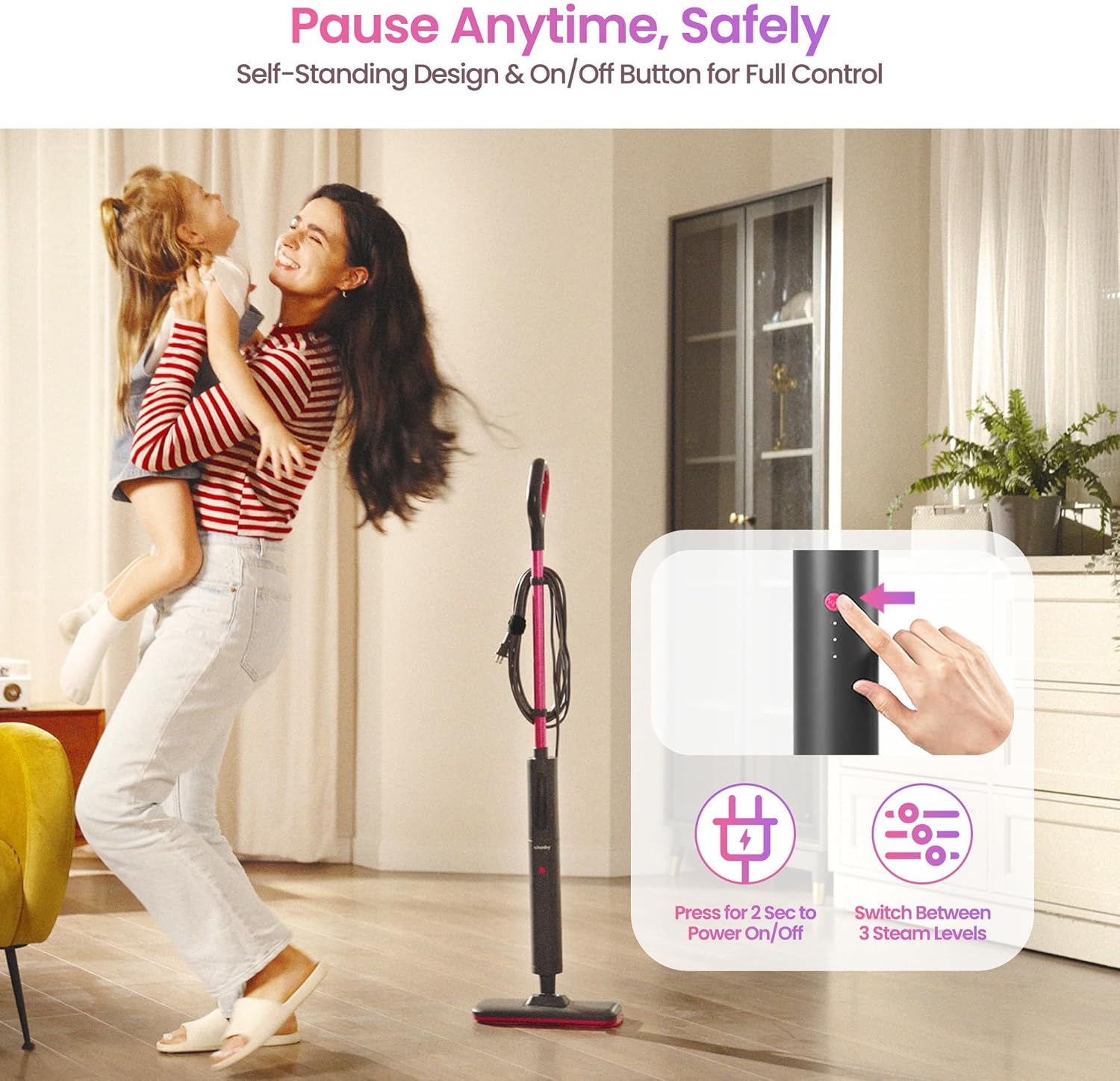 Schenley Pink Steam Mop - 15s Heat Up, Lightweight Hardwood & Tile Floor Steamer with Washable Pads, Carpet Glider, 248°F Sanitizing