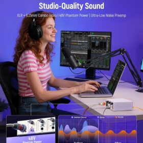 Synido USB-C Audio Interface – 2-Channel 24Bit/48kHz Sound Card with 48V Phantom Power, XLR/Line Input for Recording, Streaming & Podcasting (Silver)