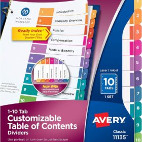 Avery Ready Index Table of Contents Dividers, 10-Tab Set, 3-Ring Binder Hole Reinforced, Multicolor, Laser & Inkjet Printer Compatible (11135)