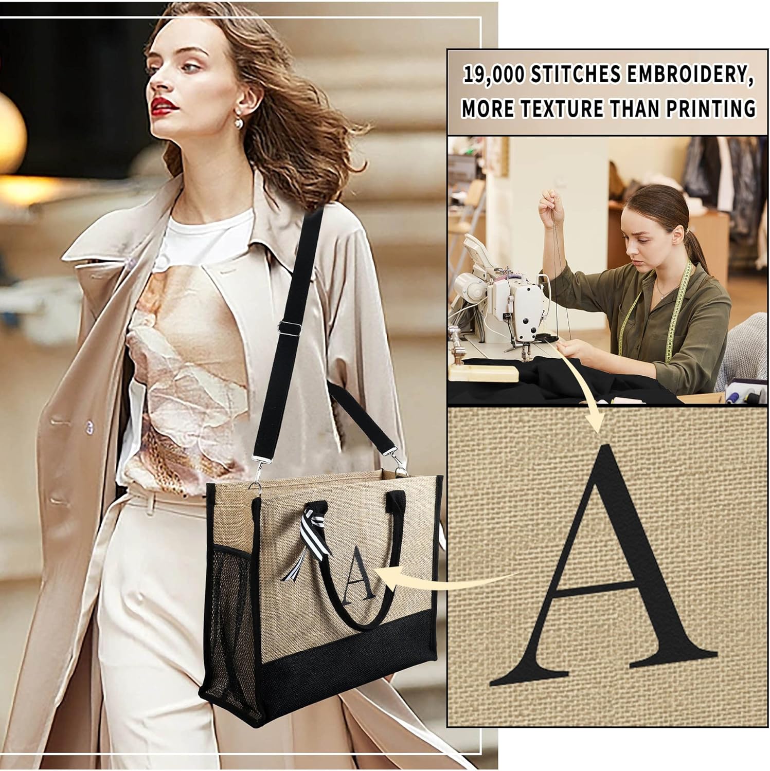 YOOLIFE Initial Jute Tote & Makeup Bag Set – Personalized Valentines Day, Birthday & Teacher Gifts for Her