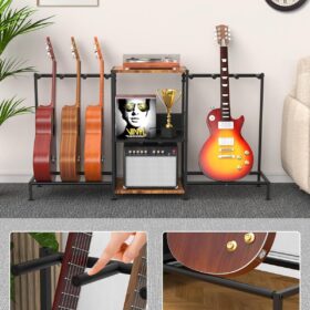Multi-Instrument Guitar Stand with 3-Tier Storage Shelf – Holds 6 Guitars, Basses, Ukuleles & Banjos – Padded Display Rack for Studio & Home