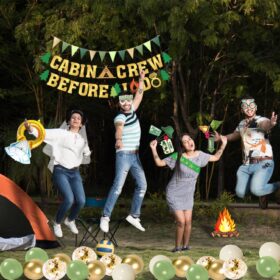 Glamping Bachelorette Party Decorations Kit - 45 Pc Gold Green Camping Theme Supplies with Banner, Bride Balloons, Sash, Veil & Photo Booth Props