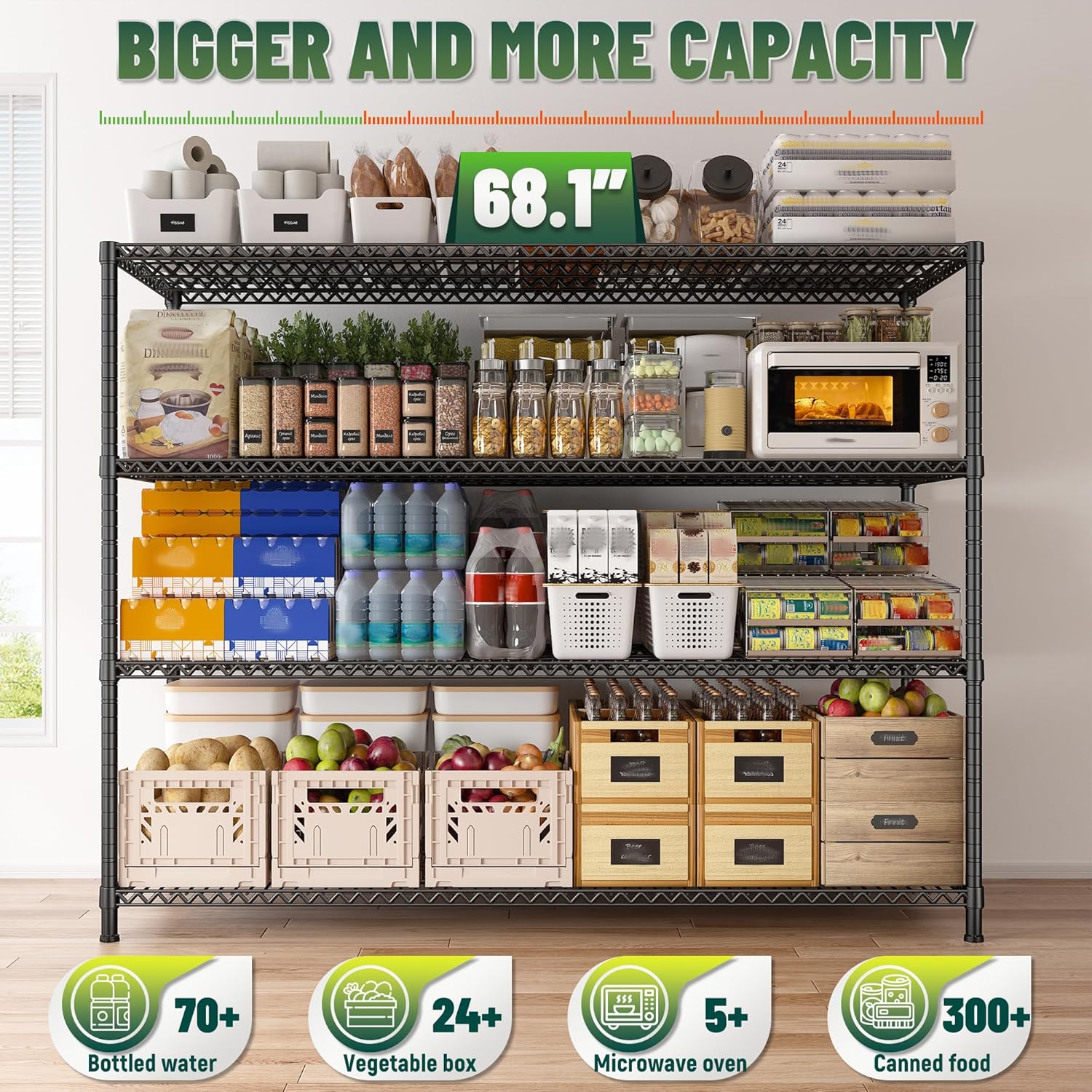 68-Inch Wide Heavy Duty Wire Shelving Unit - 2500 lbs Capacity Adjustable Steel Storage Rack for Garage, Kitchen, Pantry, and Warehouse (68.1" W x 20.9" D x 70.9" H)