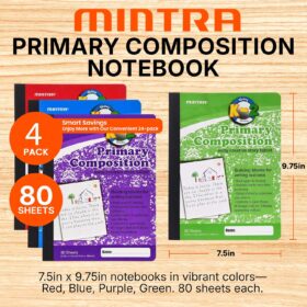Mintra Primary Composition Notebooks - 4 Pack Bulk Set, 80 Sheets (7.5" x 9.75"), Grades K-2 Hardcover Journals with Drawing Space & Primary Ruling - School & Home Supplies