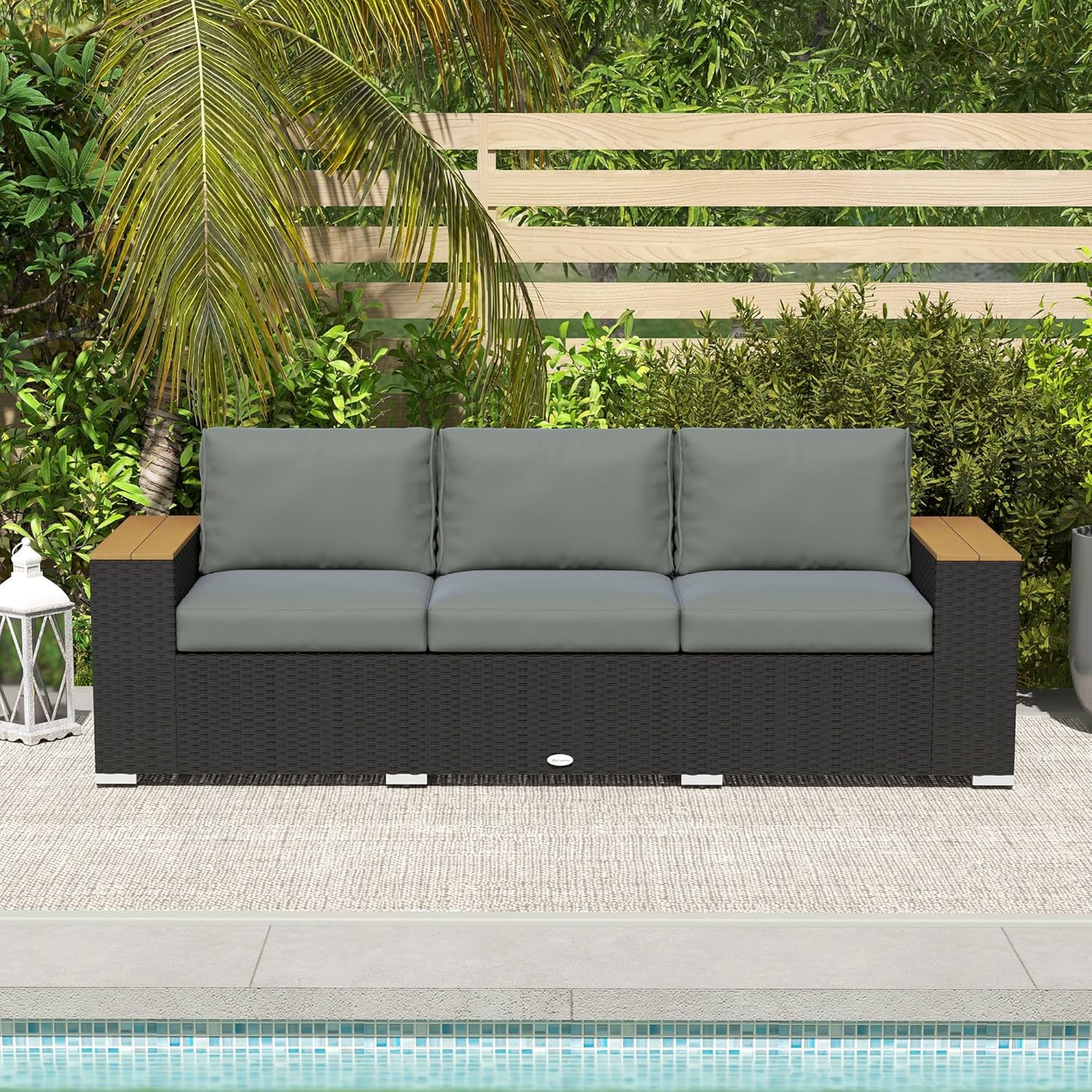 Outsunny 3-Person Outdoor Patio Sofa – Dark Gray PE Wicker Couch with 24.5" Deep Seats, Wide Armrests, and 4" Cushions