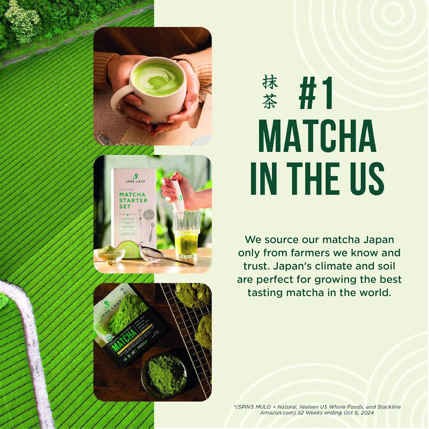 Jade Leaf Premium Ceremonial Grade Matcha Green Tea Powder – 100% Organic Japanese Latte & Barista Blend – 50g Resealable Pouch (1.76 oz)