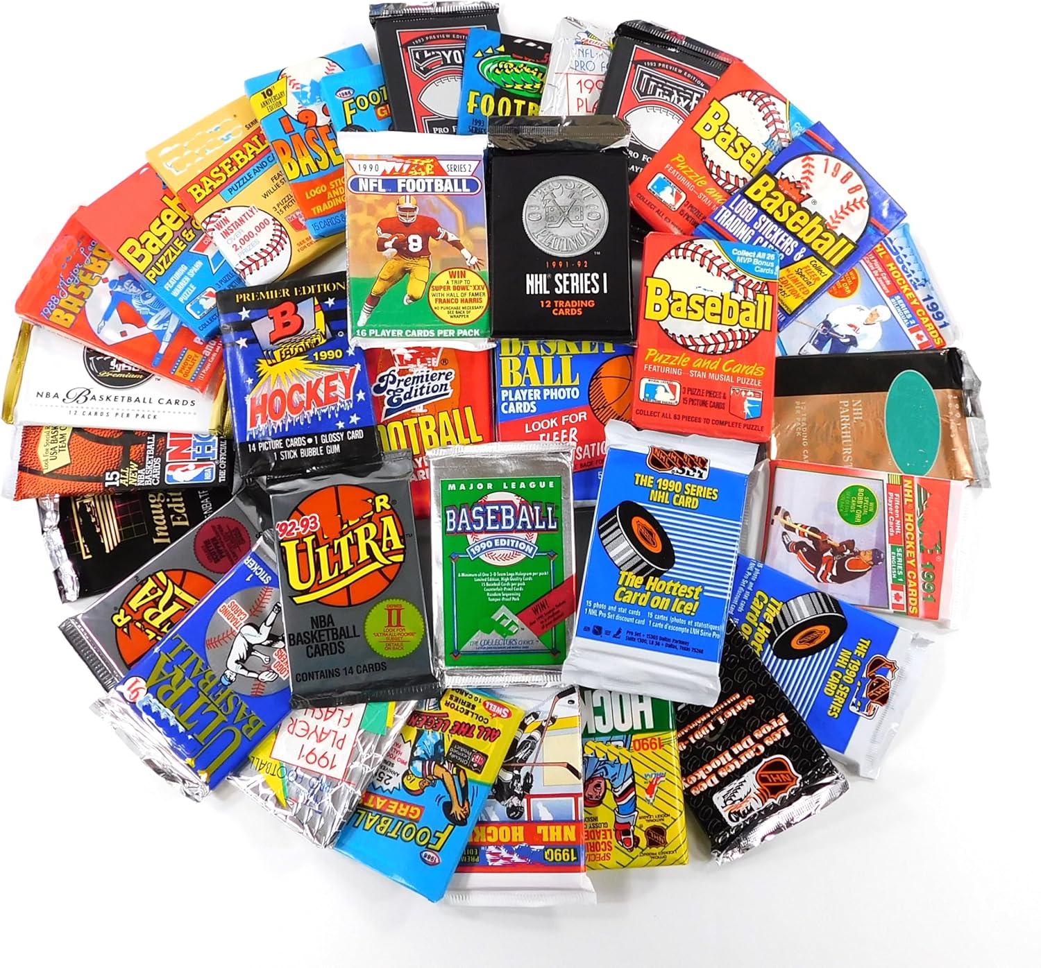 Vintage Multi-Sport Sealed Pack Lot - Assorted Baseball, Football, Basketball & Hockey Trading Cards