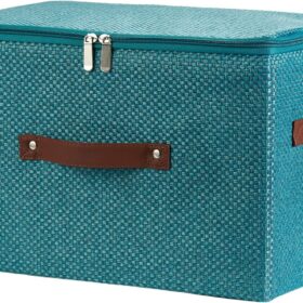 Large Blue Fabric Storage Bins with Zipper Lids – Foldable Linen Organizer Baskets with Leather Handles for Closet, Shelf, and Home Organization