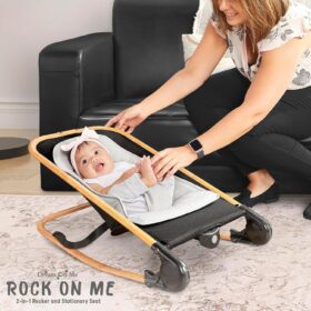 Dream On Me 2-in-1 Rocking Baby Seat & Stationary Infant Chair – Soothing Vibration, Music, Recline & Toy Bar – Compact Travel Fold – Black & Grey