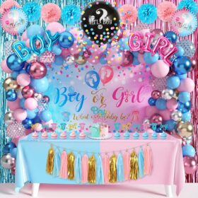 109-Piece Boy or Girl Gender Reveal Party Decorations Kit – All-in-One Bundle with Balloons, Backdrop, Curtains, Cake Toppers & Tablecloths
