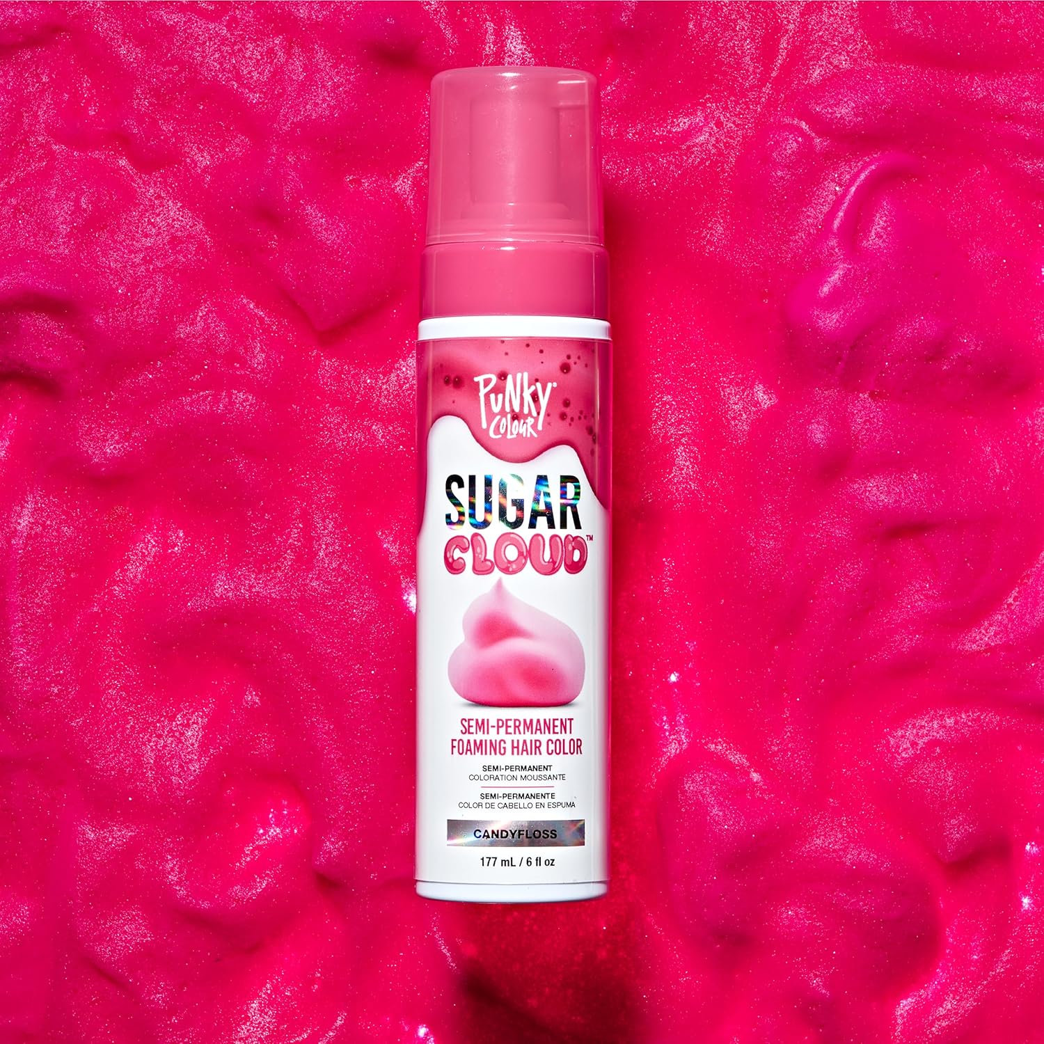 Punky Sugar Cloud CandyFloss Semi-Permanent Foam Hair Dye – 6 fl oz Vibrant Raspberry Pink Color, Easy No-Drip Application for Long-Lasting Vivid Results
