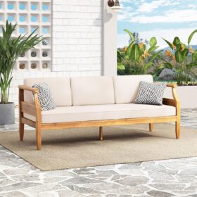Christopher Knight Home Aston 3-Person Outdoor Acacia Wood Sofa with Water-Resistant Cushions, Teak