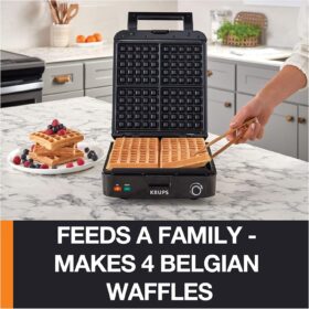 KRUPS Belgian Waffle Maker - 4 Slice Stainless Steel with Removable Nonstick Plates, 1200W, Adjustable Browning Control & Ready Indicator, Silver/Black