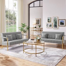 Yaheetech Luxurious Gold-Tone Velvet Loveseat – 56.5" Glam Accent Sofa with Storage-Friendly Design, Light Gray
