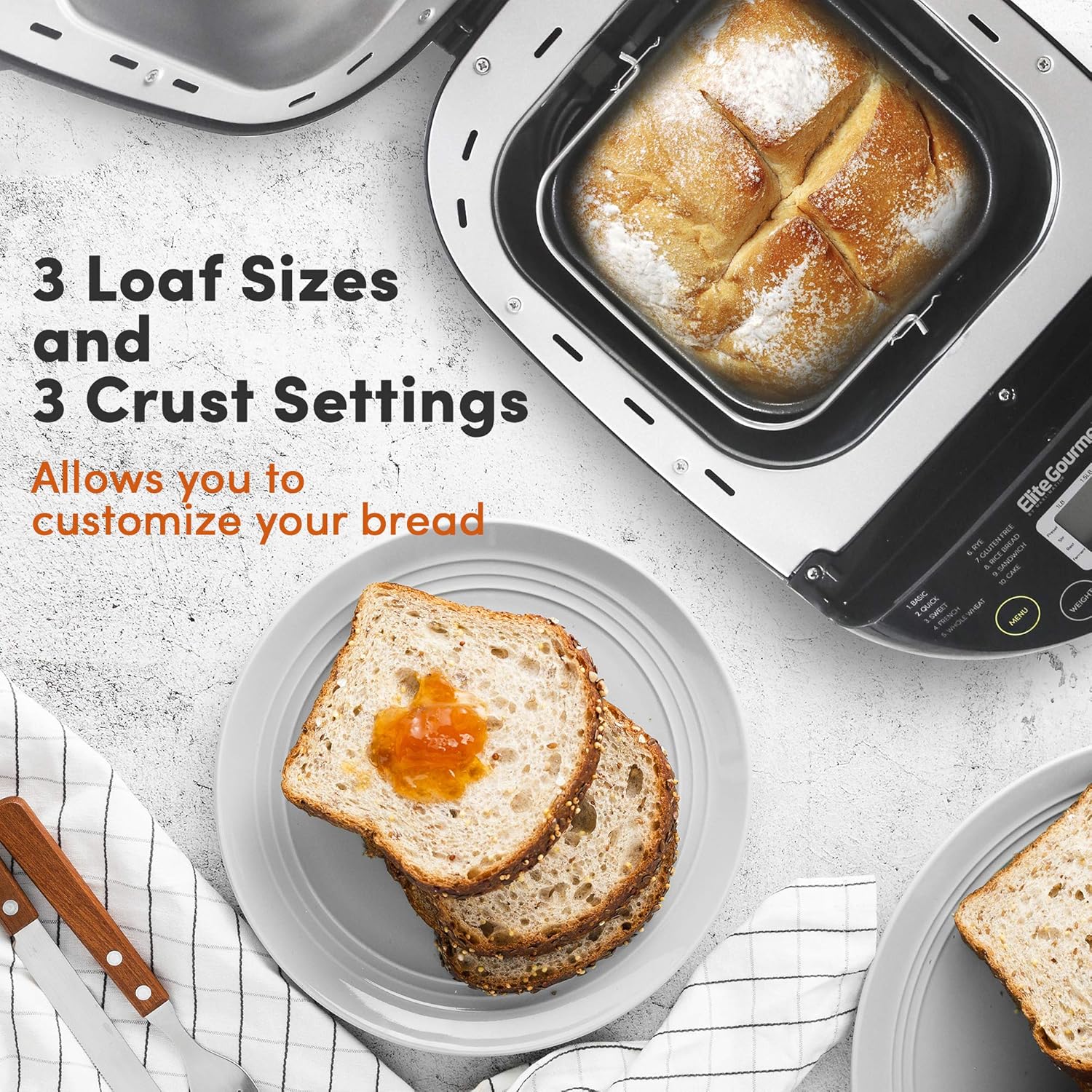 Elite Gourmet EBM8103B Programmable Bread Maker - 2lb Capacity, 19-in-1 Stainless Steel Machine with Gluten Free, Dough & Jam Settings, 3 Crust Colors, Black