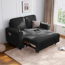 LINSY HOME 2-in-1 Convertible Loveseat Sofa Bed with Pull Out Chaise – 77.5'' Wide Corduroy Sleeper Sofa with USB Charging, Cup Holders & Storage, Modern Furniture for Small Apartments (Black)