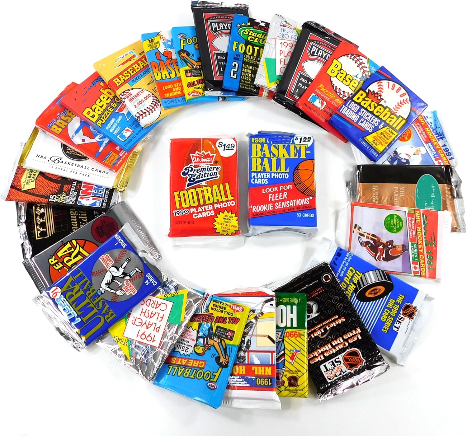 Vintage Multi-Sport Sealed Pack Lot - Assorted Baseball, Football, Basketball & Hockey Trading Cards