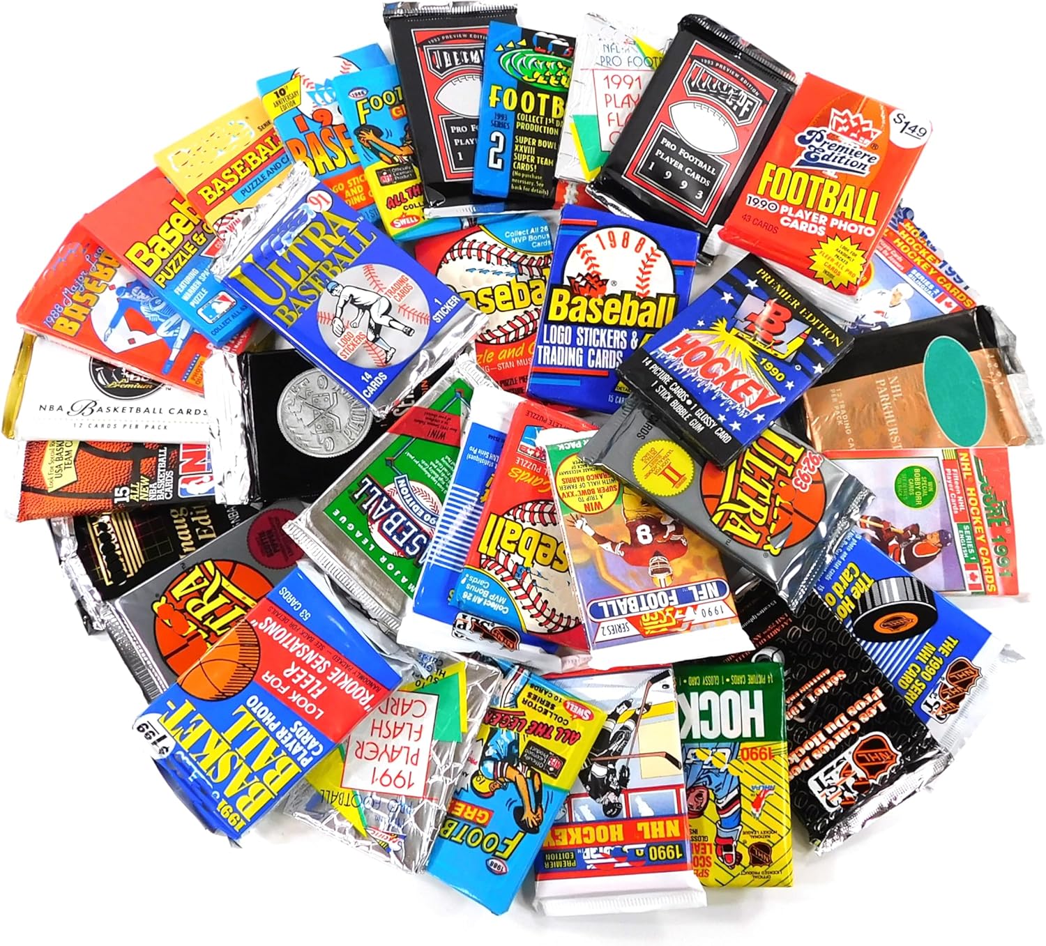 Vintage Multi-Sport Sealed Pack Lot - Assorted Baseball, Football, Basketball & Hockey Trading Cards