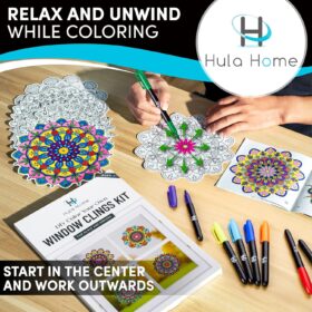 Hula Home DIY Stained Glass Mandala Kit – 10 Window Suncatchers & 8 Vibrant Markers – Relaxing Arts & Crafts for Adults, Teens & Seniors