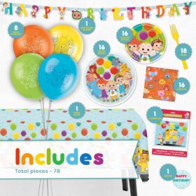 CoComelon Party Supplies Kit - Complete 16-Guest Birthday Decoration Set featuring Baby JJ & Friends Backdrop, Balloons, Plates, Napkins & Tableware