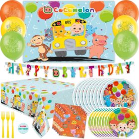 CoComelon Party Supplies Kit - Complete 16-Guest Birthday Decoration Set featuring Baby JJ & Friends Backdrop, Balloons, Plates, Napkins & Tableware