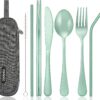 Portable Flatware Set with Case - 8-Piece Reusable Stainless Steel Travel Cutlery Kit with Straws & Cleaning Brush - Eco-Friendly Camping, Office & School Utensils (Green)