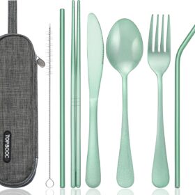 Portable Flatware Set with Case - 8-Piece Reusable Stainless Steel Travel Cutlery Kit with Straws & Cleaning Brush - Eco-Friendly Camping, Office & School Utensils (Green)
