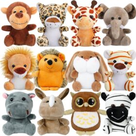Arrozon 12 Pcs Mini Jungle Stuffed Animals Bulk - 4.5 Inch Safari Plush Keychains for Kids, Valentines Classroom Gifts, Carnival Prizes & Party Favors