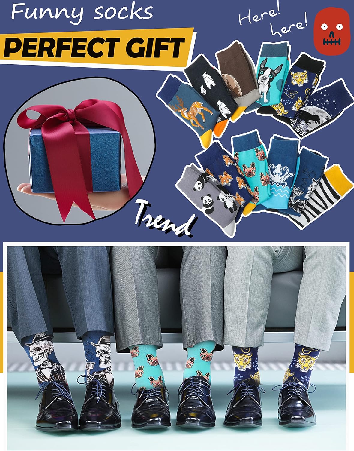 MOGGEI Novelty Funny Socks - Breathable Cotton Crew Socks with Hilarious Prints - Fun Gag Gift for Men & Women