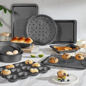 HONGBAKE 10-Piece Nonstick Bakeware Set – Grey Carbon Steel Baking Pans with Wide Handles, Includes Cookie Sheet, Cake Pans, Muffin Tin, Loaf Pan & Pizza Pan