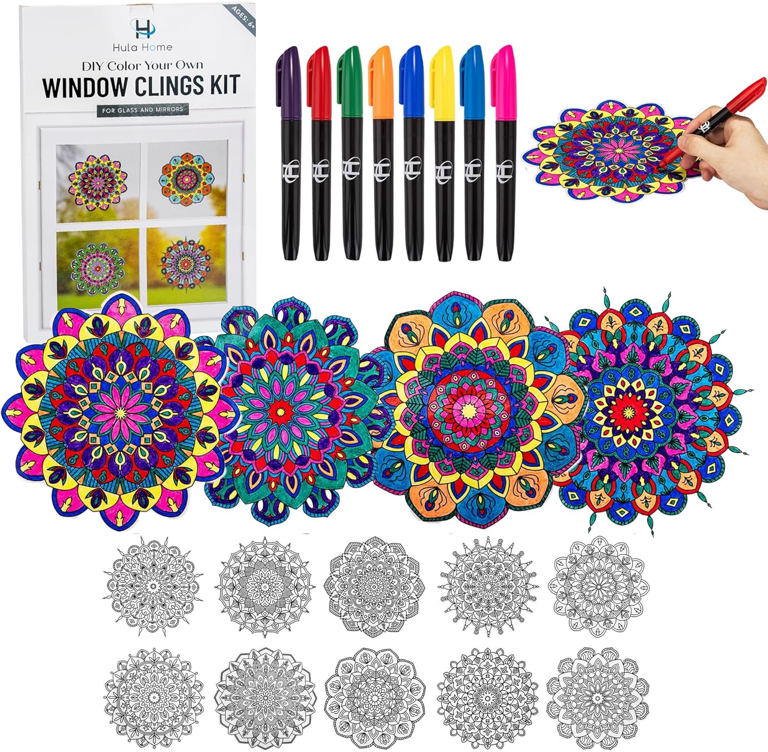 Hula Home DIY Stained Glass Mandala Kit – 10 Window Suncatchers & 8 Vibrant Markers – Relaxing Arts & Crafts for Adults, Teens & Seniors