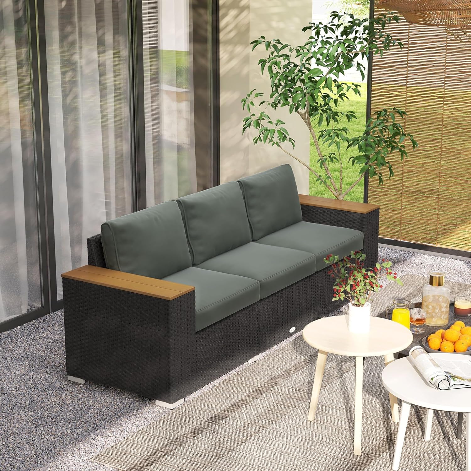 Outsunny 3-Person Outdoor Patio Sofa – Dark Gray PE Wicker Couch with 24.5" Deep Seats, Wide Armrests, and 4" Cushions