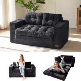 MAXYOYO Folding Floor Sofa Bed - 2-in-1 Convertible Sleeper Couch with Pillows, Tufted Corded Fabric Pull-Out Lounger for Living Room & Guest Bedroom (Black)