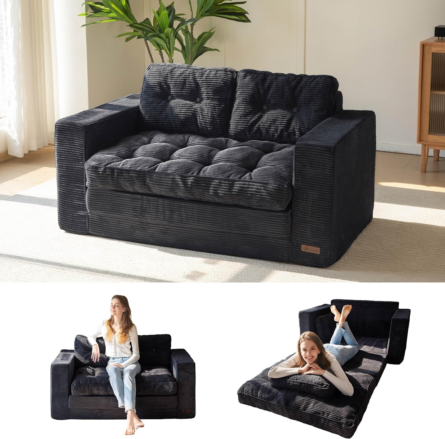 MAXYOYO Folding Floor Sofa Bed - 2-in-1 Convertible Sleeper Couch with Pillows, Tufted Corded Fabric Pull-Out Lounger for Living Room & Guest Bedroom (Black)
