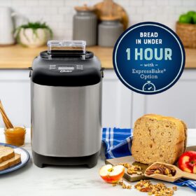 Oster ExpressBake Bread Machine with Nut & Fruit Dispenser | 2 lb. Stainless Steel Bread Maker | 12 Settings Including Gluten-Free