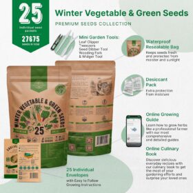 Organo Republic Winter Vegetable Garden Seeds Kit - 25 Variety Pack, 27,000+ Non-GMO Heirloom Seeds for Indoor & Outdoor Planting Includes Broccoli, Carrot, Kale, Radish & Bonus Gardening Tools