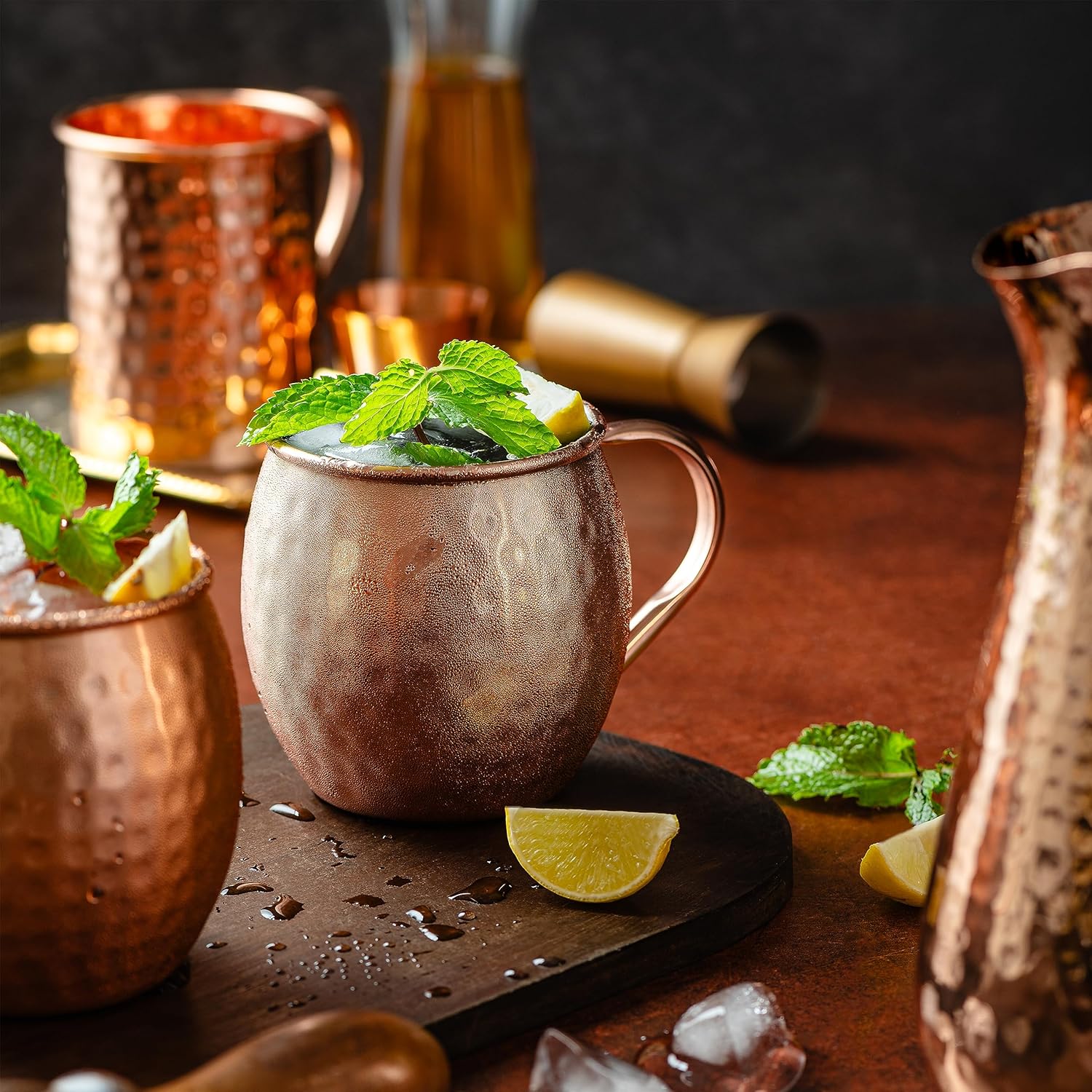 Moscow-Mix Premium 100% Pure Copper Moscow Mule Mugs - Set of 4, Handcrafted Large 16 Oz Drinkware with Handle - Solid Copper Cups for Cocktails, Beer, and Home Bar Gifts