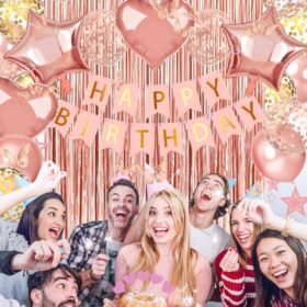 Lutools Rose Gold Birthday Decorations Kit – Complete Party Set with Banner, Foil Curtains, Confetti Balloons, Hanging Swirls, and Cupcake Toppers for Girls & Women