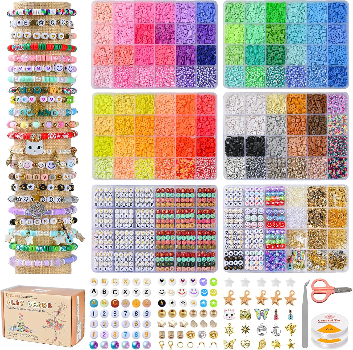 wuzoe Ultimate Clay Bead Kit for Bracelet Making – 16,000+ Pcs 96 Colors Polymer Clay Heishi Beads, Letter Beads & Charms Jewelry Making Kit for Girls, Teens, Crafts Supplies