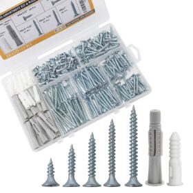 JEGONFRI 203-Piece Wood Screw Assortment Kit with 30 Plastic Wall Anchors – Heavy Duty Carbon Steel Flat Head Phillips Drive for Wood, Drywall, and Home Repair