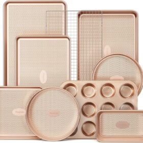 HONGBAKE 9-Piece Nonstick Bakeware Set - Diamond Texture Carbon Steel Baking Pans with Cooling Rack, Toxin-Free Coating, Stackable Oven Pan Set for Cake, Muffins & Roasting (Gold)